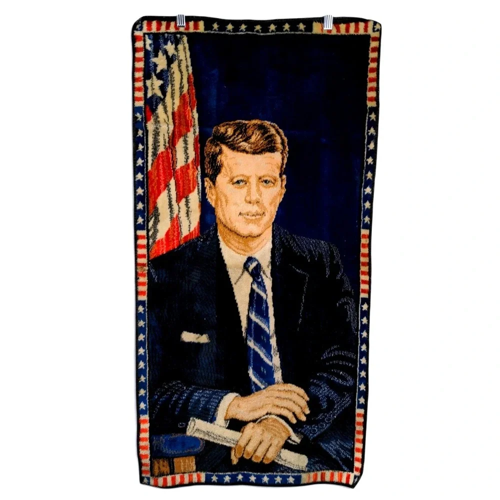 John F Kennedy Home 24x46 JFK Portrait Woven Tapestry Blue Vintage Y2K